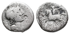 M. Sergius Silus, Rome, 116-115 BC. AR Denarius (16mm, 3.34g). Helmeted head of Roma r. R/ Soldier on horseback rearing l., holding sword and severed ...