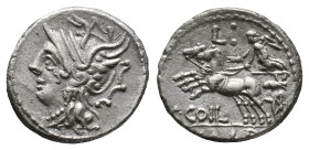 C. Coelius Caldus, Rome, 104 BC. AR Denarius (18mm, 3.73g). Helmeted head of Roma l. R/ Victory driving galloping biga l., holding reins; control-mark...