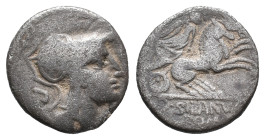 D. Silanus L.f., Rome, 91 BC. AR Denarius (17mm, 3.39g). Helmeted head of Roma r.; letter behind. R/ Victory driving biga r. Crawford 337/3. Fine