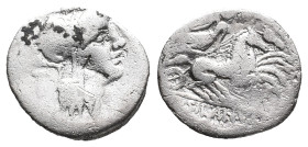 D. Silanus L.f., Rome, 91 BC. AR Denarius (18mm, 3.54g). Helmeted head of Roma r.; letter behind. R/ Victory driving biga r. Crawford 337/3. Fair