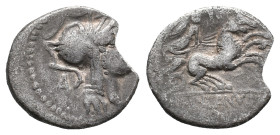 D. Silanus L.f., Rome, 91 BC. AR Denarius (17mm, 3.60g). Helmeted head of Roma r.; letter behind. R/ Victory driving biga r. Crawford 337/3. Fair