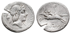 L. Calpurnius Piso Frugi, Rome, 90 BC. AR Denarius (18mm, 3.73g). Laureate head of Apollo r.; jug behind, star before. R/ Horseman galloping l., holdi...