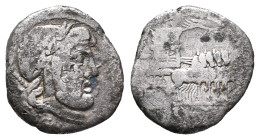 L. Rubrius Dossenus, Rome, 87 BC. AR Denarius (18mm, 3.42g). Laureate head of Jupiter r. R/ Triumphal chariot r. Crawford 348/1. Fair
