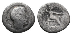M. Porcius Cato, Utica, Spring 47- Spring 46 BC. AR Quinarius (14mm, 1.41g). Head of Liber r. R/ Victory seated r., holding palm frond and patera. Cra...