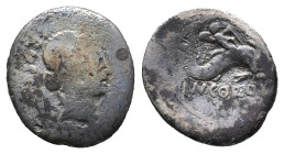 Roman Imperatorial, Mn. Cordius Rufus, Rome, 46 BC. AR Denarius (18mm, 3.15g). Diademed head of Venus r. R/ Cupid riding dolphin r. Crawford 463/3. Fa...