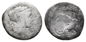 Roman Imperatorial, T. Carisius, Rome, 46 BC. AR Denarius (17mm, 3.13g). Head of Sibyl Herophile r., hair elaborately decorated with jewels and enclos...