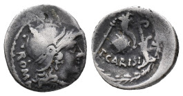 Roman Imperatorial, T. Carisius, Rome, 46 BC. AR Denarius (19mm, 3.71g). Head of Roma r., wearing ornate crested helmet. R/ Sceptre, cornucopia on glo...