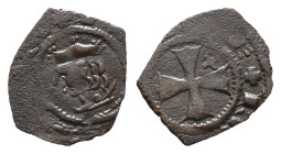 Italy, Brindisi. Federico II (1197-1250). BI Denaro (13.5mm, 0.55g). Crowned head l. R/ Cross pattée, with star in second quarter. Spahr 36. Near VF