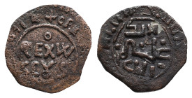 Italy, Sicily, Messina. Guglielmo II (1166-1189). Æ Half Follaro (15mm, 1.31g). REX W SCUS. R/ Kufic legend. Spahr 119; MIR 38. Near VF