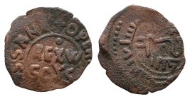 Italy, Sicily, Messina. Guglielmo II (1166-1189). Æ Half Follaro (16mm, 0.99g). REX W SCUS. R/ Kufic legend. Spahr 119; MIR 38. Near VF