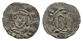 Italy, Sicily, Messina. Enrico VI (1191-1197). BI Denaro (15mm, 0.48g). In the name of Federico II. Crowned bust facing. R/ Eagle facing, head l. Spah...
