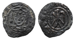 Italy, Sicily, Messina. Enrico VI (1191-1197). BI Denaro (14mm, 0.42g). In the name of Federico II. Crowned bust facing. R/ Eagle facing, head l. Spah...
