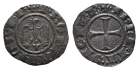 Italy, Sicily, Messina. Federico II (1197-1250). BI Denaro, AD 1245 (15mm, 0.55g). Eagle facing, head r. R/ Cross. Spahr 133; MIR 99. VF