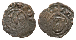 Italy, Sicily, Messina. Alfonso d'Aragona (1416-1458). Æ Denaro (14mm, 0.42g). Eagle facing, wings spread. R/ Arms. MIR 227/3. VF