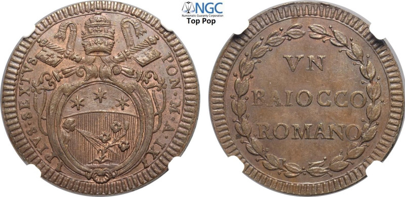 Roma, Pio VI (1775-1799), Baiocco anno IX, Rara Cu 32 mm, 14 g, in Slab NGC MS65...