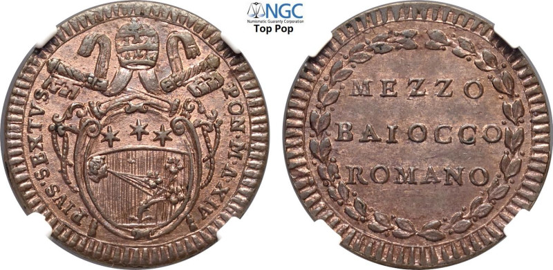 Roma, Pio VI (1775-1799), 1/2 Baiocco anno XIV, Cu 25,5 mm, 7 g, eccezionale, in...