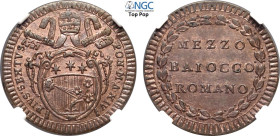 Roma, Pio VI (1775-1799), 1/2 Baiocco anno XIV, Cu 25,5 mm, 7 g, eccezionale, in Slab NGC MS66 RB Top Pop (cert. 6633859005 erroneamente indicato come...