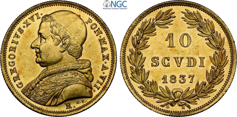 Roma, Gregorio XVI (1831-1846), 10 Scudi 1837-VII, Rara Au 28 mm, 17,33 g, in Sl...