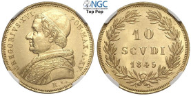 Roma, Gregorio XVI (1831-1846), 10 Scudi 1845-XV, coniati 860 esemplari, RRR Au 28 mm, 17,33 g, è il 10 Scudi più raro della serie e in conservazione ...
