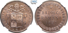 Roma, Gregorio XVI (1831-1846), Baiocco 1831-I, Cu 30 mm, 11,9 g, eccezionale, in Slab NGC MS66 RB Top Pop (cert. 6640864017)