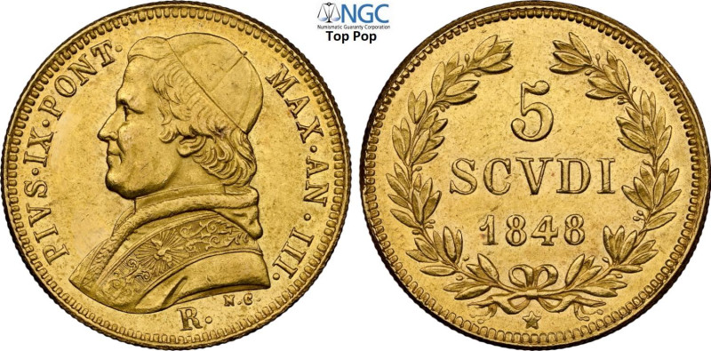 Roma, Pio IX (1846-1870), 5 Scudi 1848-III (ribattuto su 1846), RRR Au 23 mm, 8,...