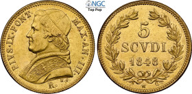 Roma, Pio IX (1846-1870), 5 Scudi 1848-III (ribattuto su 1846), RRR Au 23 mm, 8,67 g, millesimo rarissimo, in Slab NGC MS61 Top Pop (cert. 8235109014)