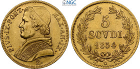 Roma, Pio IX (1846-1870), 5 Scudi 1854-XI, Au 23 mm, 8,67 g, in Slab NGC MS61