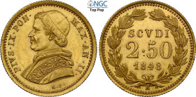 Roma, Pio IX (1846-1870), 2,50 Scudi 1848-II, coniati 3197 esemplari (il più raro della serie), RRR Au 19 mm, 4,33 g, rarissimo e in conservazione ecc...