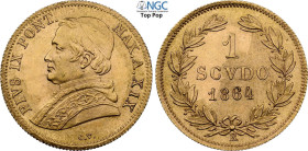Roma, Pio IX (1846-1870), Scudo d'oro largo 1864-XIX, coniati 5735 esemplari (il più raro della serie), RR Au 16,3 mm, 1,73 g, millesimo di rara appar...