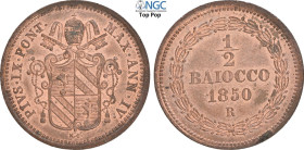 Roma, Pio IX (1846-1870), 1/2 Baiocco 1850-IV, Cu 24 mm, 5 g, in Slab NGC MS65 RB Top Pop (cert. 5785098006)