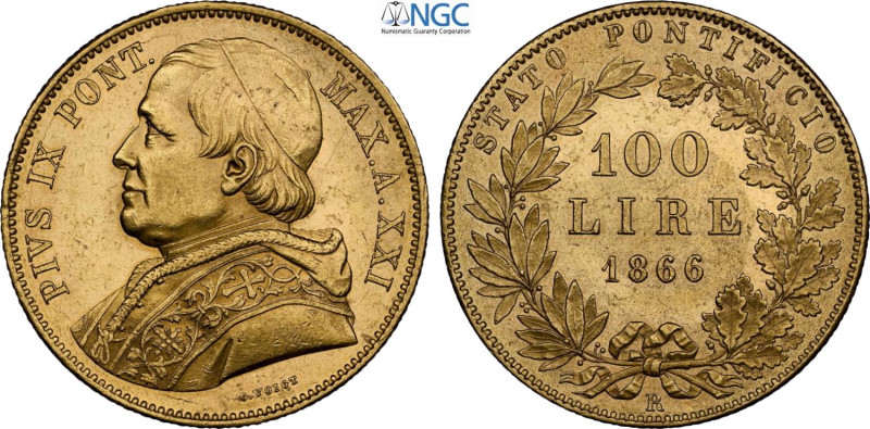 Roma, Pio IX (1846-1870), 100 Lire 1866-XXI, coniati 1115 esemplari, RR Au 35,5 ...