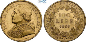 Roma, Pio IX (1846-1870), 100 Lire 1866-XXI, coniati 1115 esemplari, RR Au 35,5 mm, 32,25 g, in Slab NGC MS62