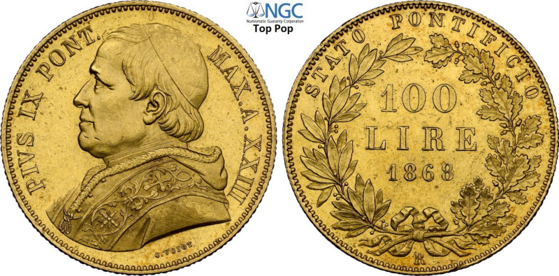 Roma, Pio IX (1846-1870), 100 Lire 1868-XXIII, coniati 440 esemplari, RRR Au 35,...