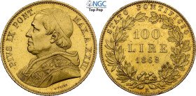 Roma, Pio IX (1846-1870), 100 Lire 1868-XXIII, coniati 440 esemplari, RRR Au 35,5 mm, 32,25 g, eccelsa qualità, in Slab NGC MS65 Top Pop (cert. 823511...