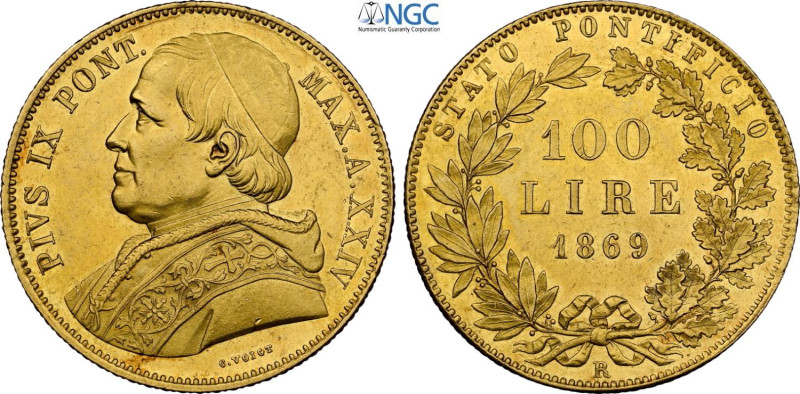 Roma, Pio IX (1846-1870), 100 Lire 1869-XXIV, coniati 624 esemplari unitamente a...