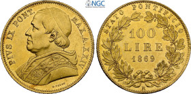 Roma, Pio IX (1846-1870), 100 Lire 1869-XXIV, coniati 624 esemplari unitamente all'anno XXIII, RRRR Au 35,5 mm, 32,25 g, millesimo estremamente raro e...
