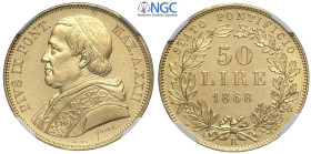 Roma, Pio IX (1846-1870), 50 Lire 1868-XXII, coniati 1173 esemplari, RRR Au 28,5 mm, 16,12 g, conservazione eccezionale, in Slab NGC MS64+