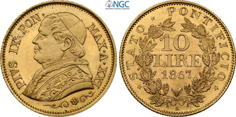 Roma, Pio IX (1846-1870), 10 Lire 1867-XXI, Rara Au 19,5 mm, 3,22 g, alta conser...