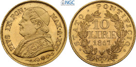 Roma, Pio IX (1846-1870), 10 Lire 1867-XXI, Rara Au 19,5 mm, 3,22 g, alta conservazione, in Slab NGC MS64