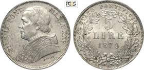 Roma, Pio IX (1846-1870), 5 Lire 1870-XXV, Ag 38 mm, 25 g, in Slab PCGS MS62