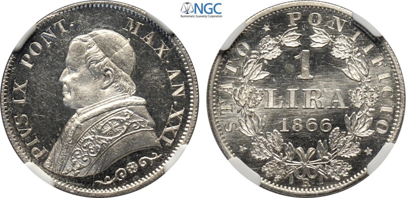 Roma, Pio IX (1846-1870), Lira 1866-XXI, Ag 24 mm, 5 g, eccezionale con i fondi ...