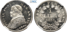 Roma, Pio IX (1846-1870), Lira 1866-XXI, Ag 24 mm, 5 g, eccezionale con i fondi speculari, in Slab NGC MS63 (il grado attribuito appare troppo basso)