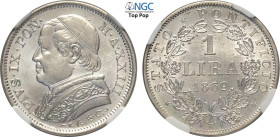 Roma, Pio IX (1846-1870), Lira 1869-XXIII, Ag 24 mm, 5 g, eccezionale, in Slab NGC MS66+ Top Pop (cert. 6643812020)