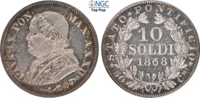 Roma, Pio IX (1846-1870), 10 Soldi da 50 Centesimi 1868-XXII, Ag 18,5 mm, 2,5 g, eccezionale con i fondi speculari, in Slab NGC MS66 PL Top Pop (cert....