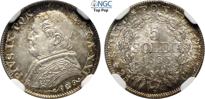 Roma, Pio IX (1846-1870), 5 Soldi da 25 Centesimi 1866-XXI, Ag 16,2 mm, 1,25 g, ...