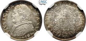 Roma, Pio IX (1846-1870), 5 Soldi da 25 Centesimi 1866-XXI, Ag 16,2 mm, 1,25 g, eccezionale, in Slab NGC MS66 Top Pop (cert. 6647151019)