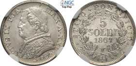 Roma, Pio IX (1846-1870), 5 Soldi da 25 Centesimi 1867-XXI, Ag 16,2 mm, 1,25 g, eccezionale, in Slab NGC MS66 Top Pop (cert. 6647151020)