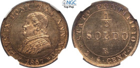 Roma, Pio IX (1846-1870), 1/2 Soldo da 2,5 Centesimi 1867-XXII, Cu 22,5 mm, 2,5 g, eccezionale in rame rosso con i fondi speculari, in Slab NGC MS65 R...