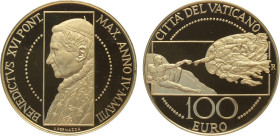 Città del Vaticano, Benedetto XVI (2005-2013), 100 Euro 2008, Tiratura: 960, Au (.917) 35 mm, 30 g. E' la prima emissione di questo nominale, In box o...