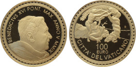 Città del Vaticano, Benedetto XVI (2005-2013), 100 Euro 2009, Tiratura: 998, Au (.917) 35 mm, 30 g. In box originale con certificato, Proof